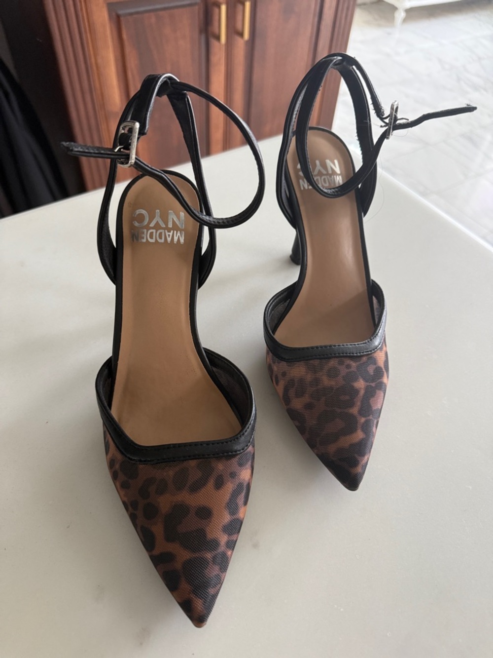 Women’s Leopard Pointed-Toe Ankle Strap Heels - Brown